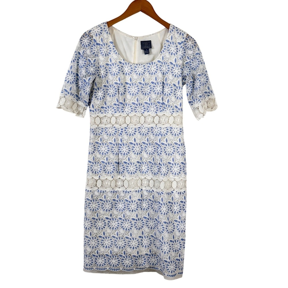 Rabbit Rabbit Designs‎ Dress Sz 8 Lace Sheath Blue White Floral Crochet Party